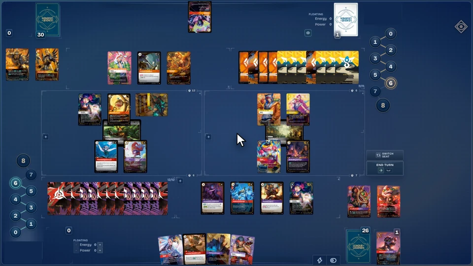 A Rift Atlas game in a video: the pointer clicks the RiftSight button at the top right of the player, it turns on, then the pointer rests on a card and its full card, Ziggs, Short-Fused, appears beside it.