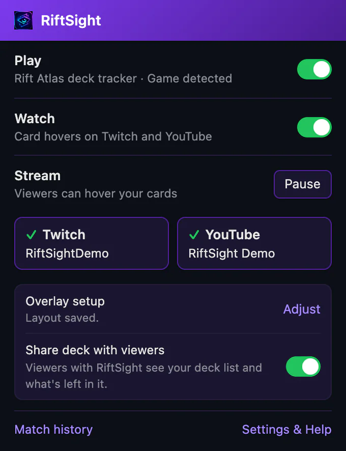 The RiftSight popup during a game: Play reads Game detected, Watch is on, and Stream reads Viewers can hover your cards, with Pause, the ✓ Twitch and ✓ YouTube boxes and Share deck with viewers switched on.