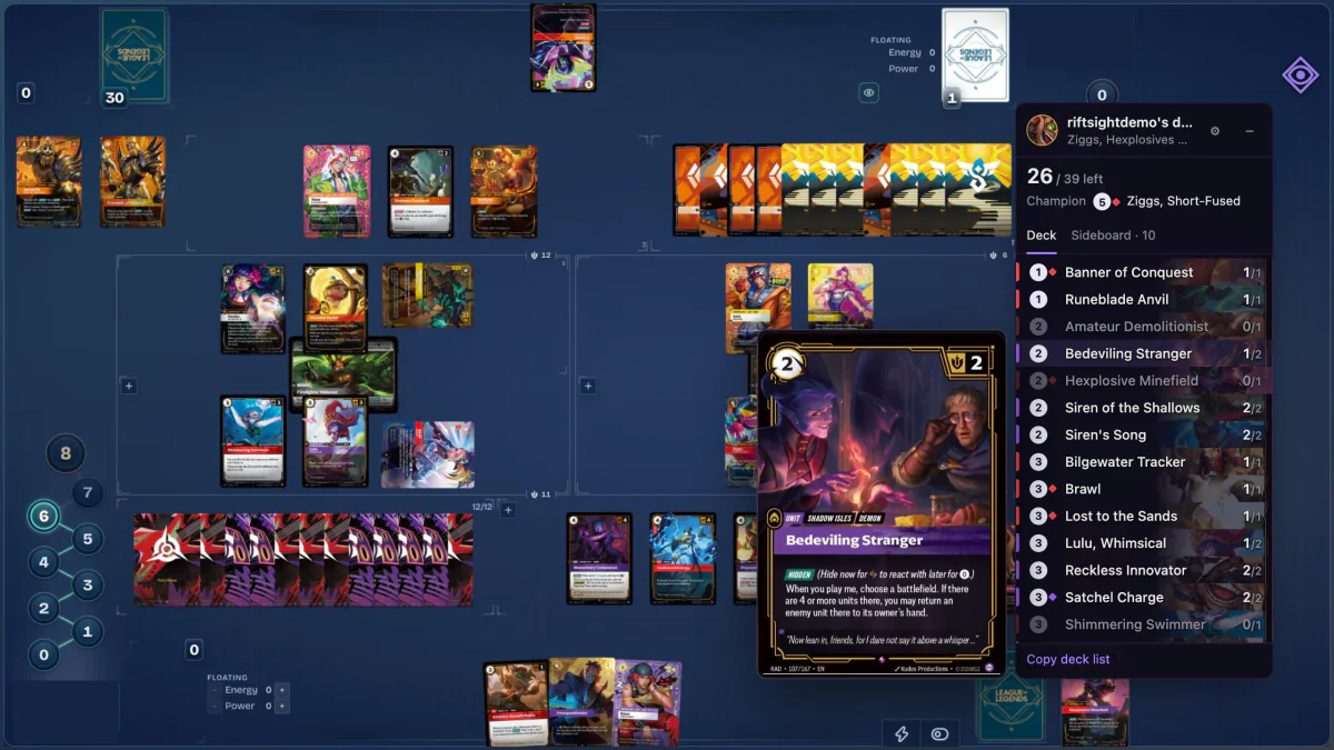 The streamer's Deck panel open over a stream, with a row hovered and its full card.