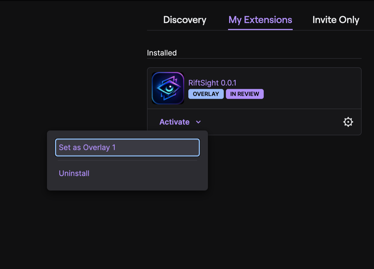 Twitch Extensions manager: activating RiftSight and assigning it to a Video Overlay slot