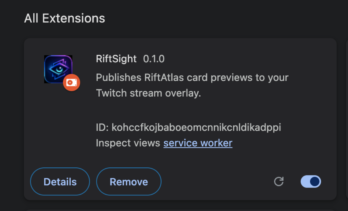 The RiftSight extension loaded and pinned in the Chrome toolbar