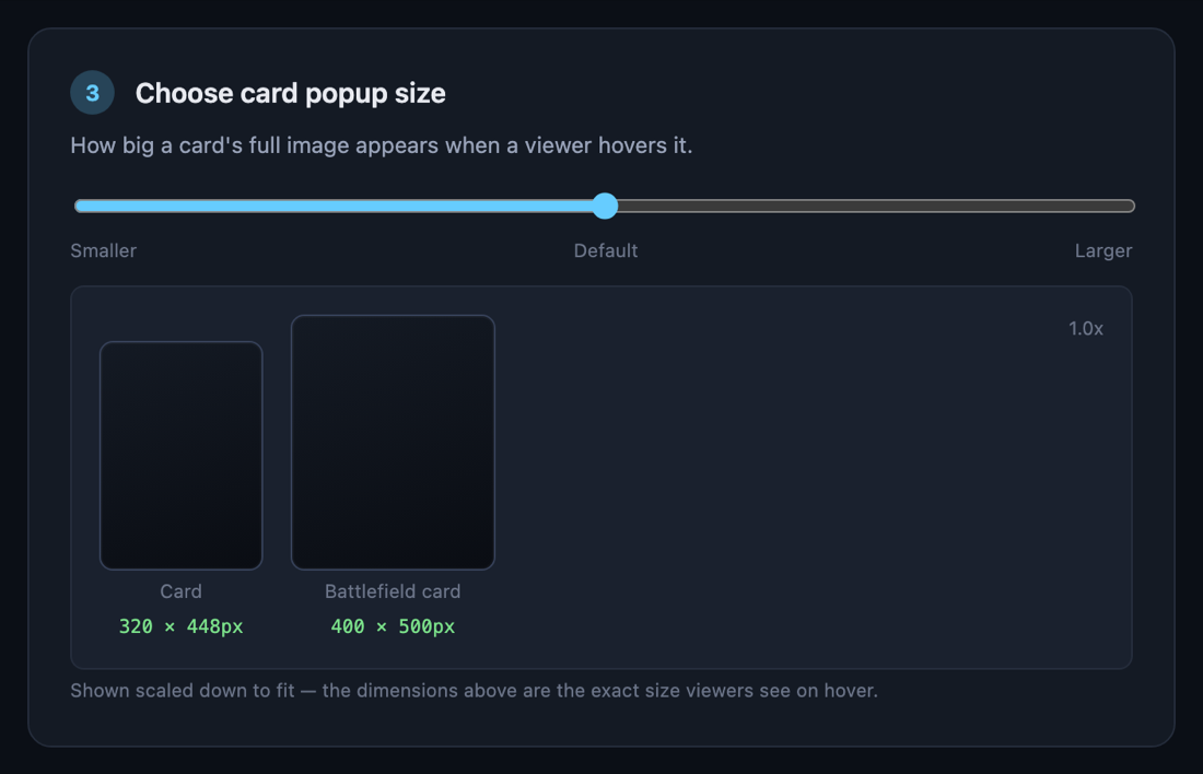 Configure step: choosing the card popup size with a live preview