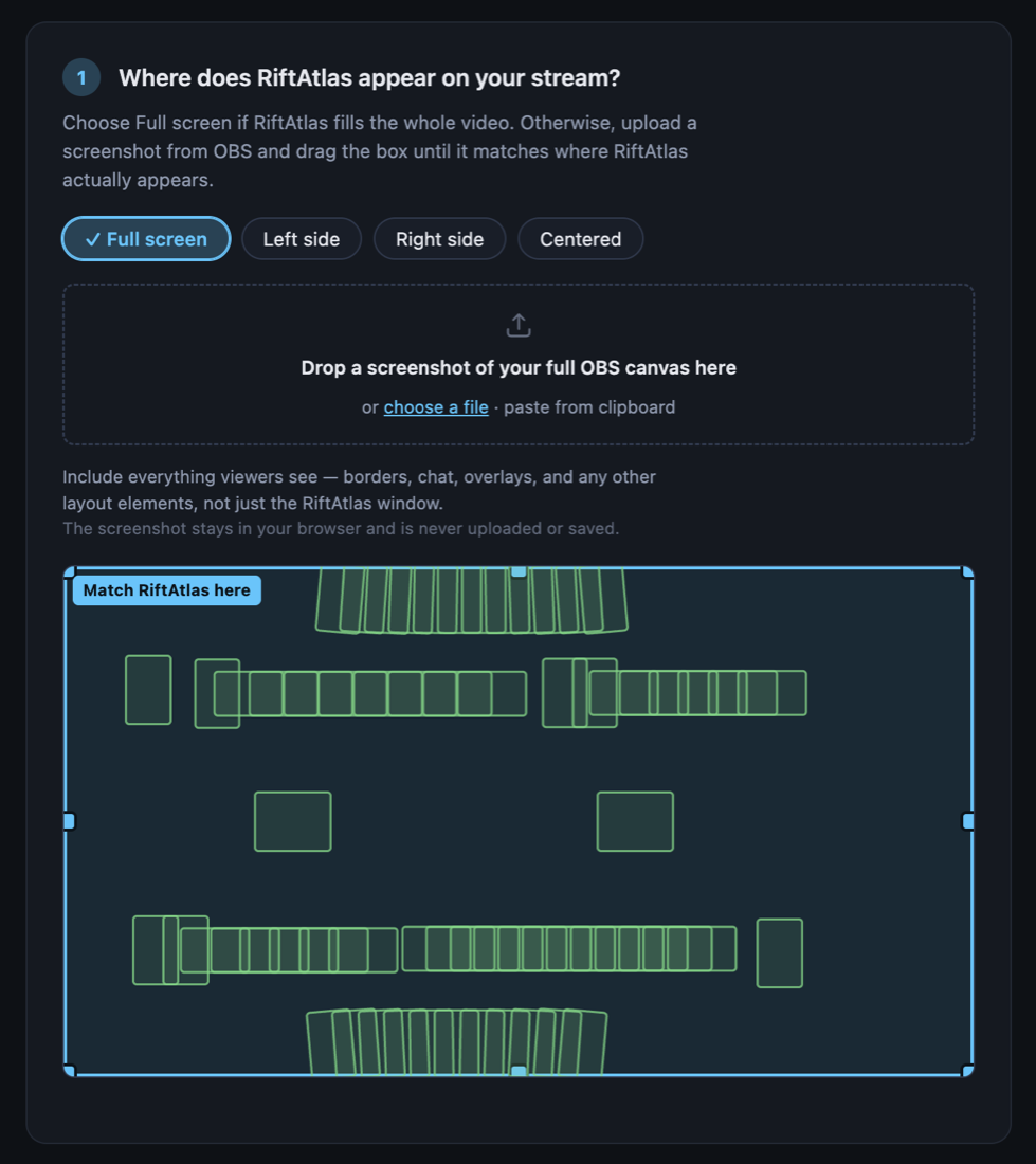 Configure step: matching the box to where Rift Atlas appears on the stream, with green hitbox outlines lining up with each card