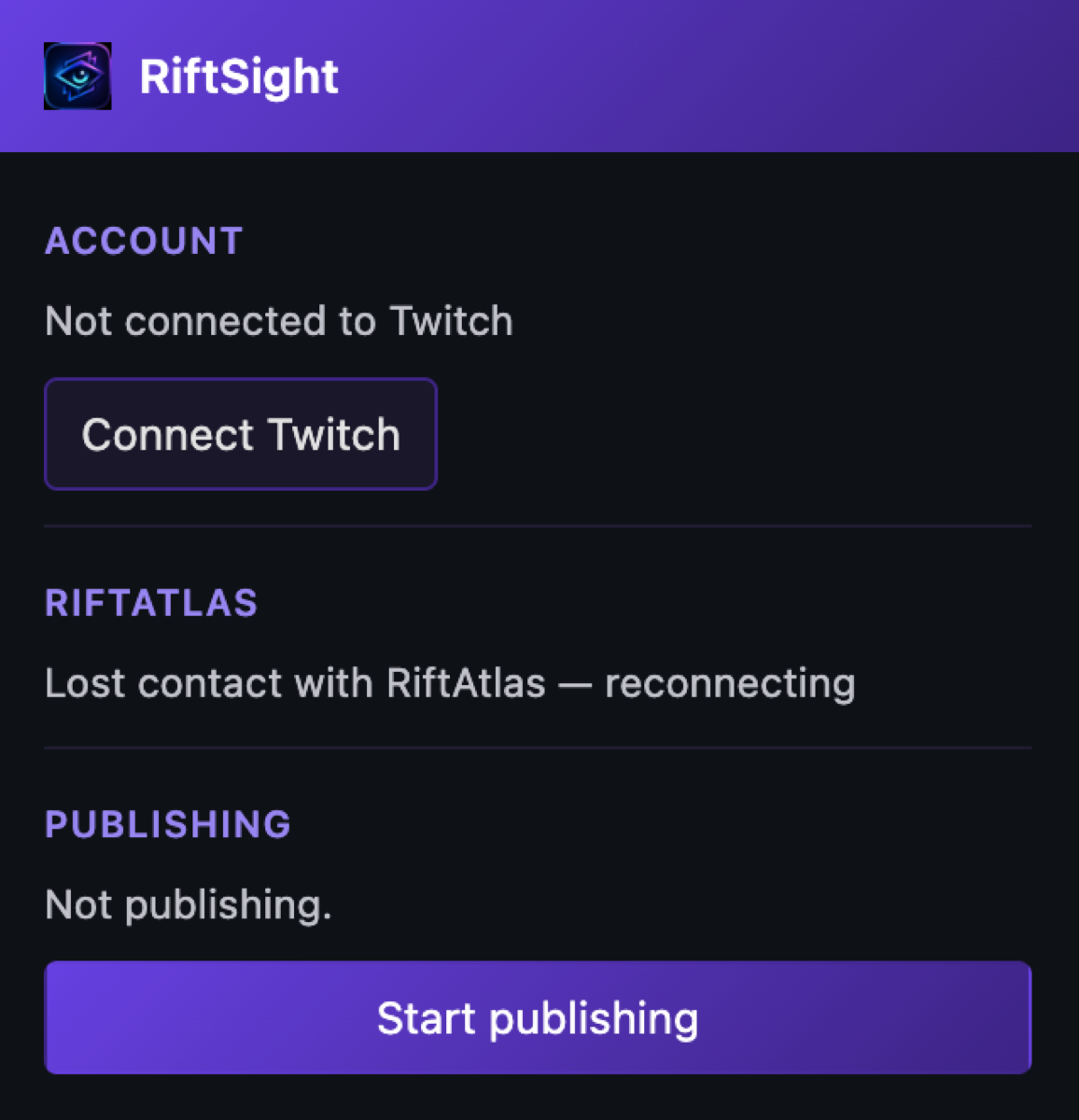 The RiftSight extension panel showing the Connect Twitch action