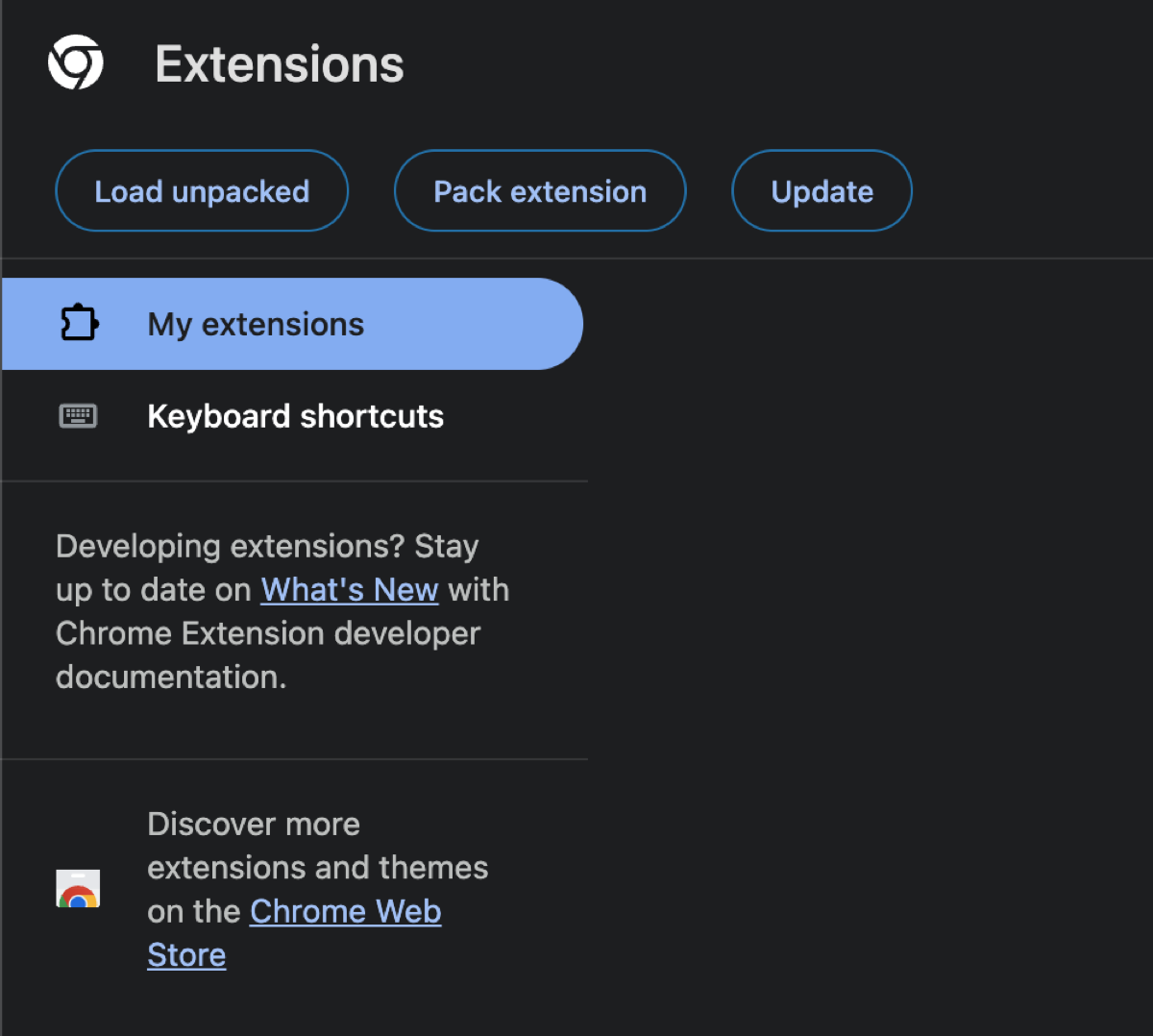 chrome://extensions with Developer mode on and the Load unpacked button