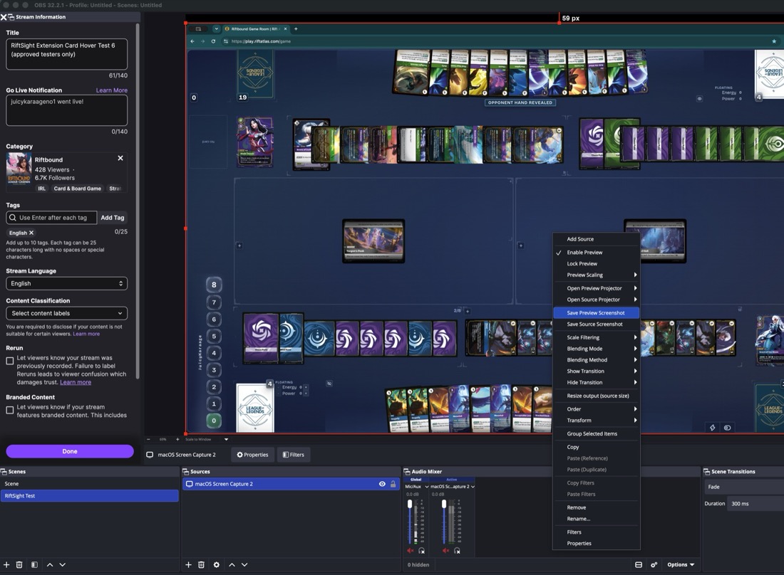 OBS Preview canvas right-click menu with Save Preview Screenshot highlighted