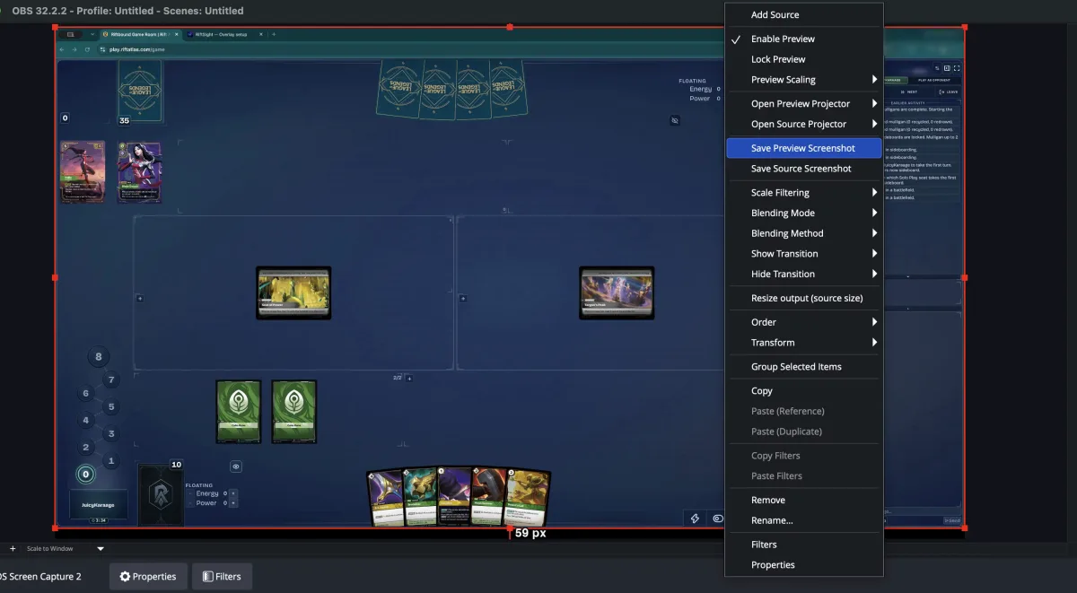 OBS with a Rift Atlas game in the Preview and the right-click menu open on Save Preview Screenshot.