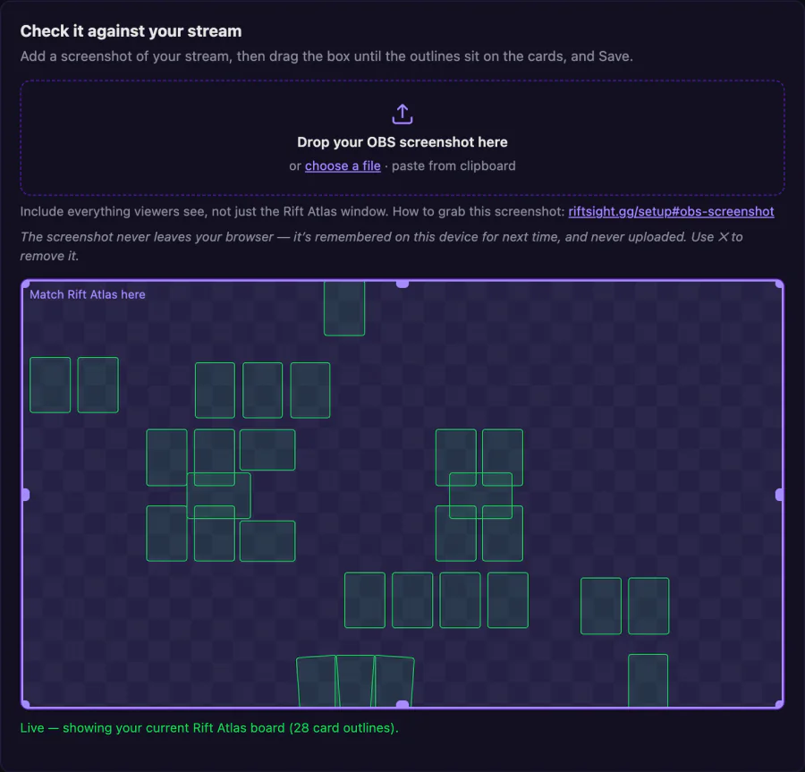 Overlay setup before a screenshot: Check it against your stream, with the card outlines of the live board on an empty checkerboard.