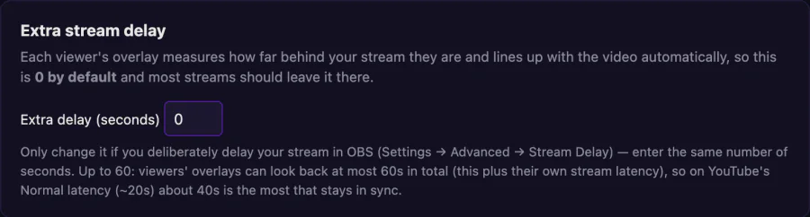 Overlay setup: the Extra stream delay control, 0 by default.