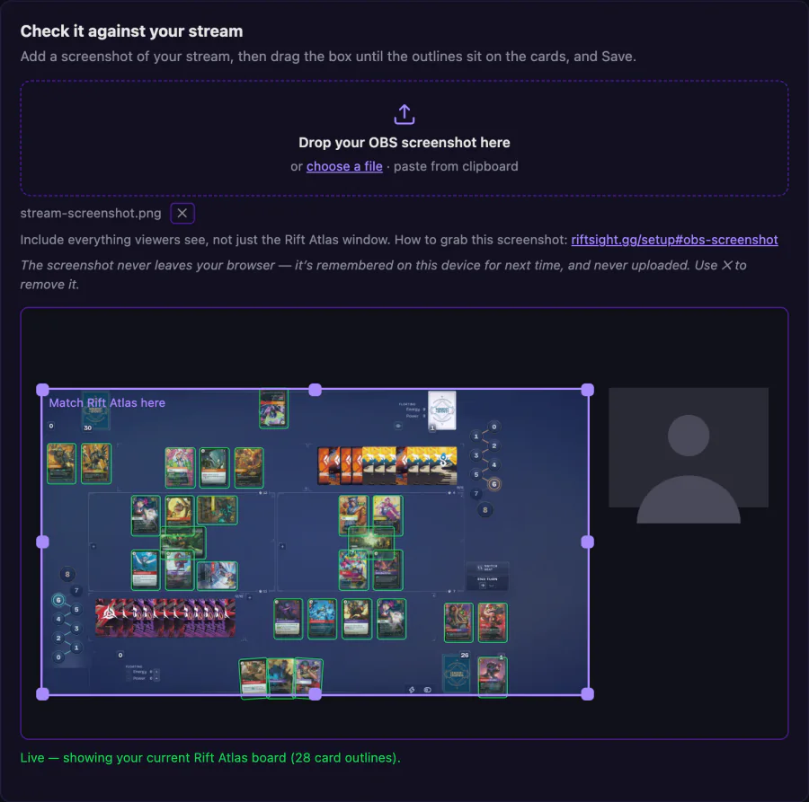 Overlay setup with a stream screenshot (the game on the left, a facecam on the right) and the box dragged over the game: the card outlines sit on their cards.