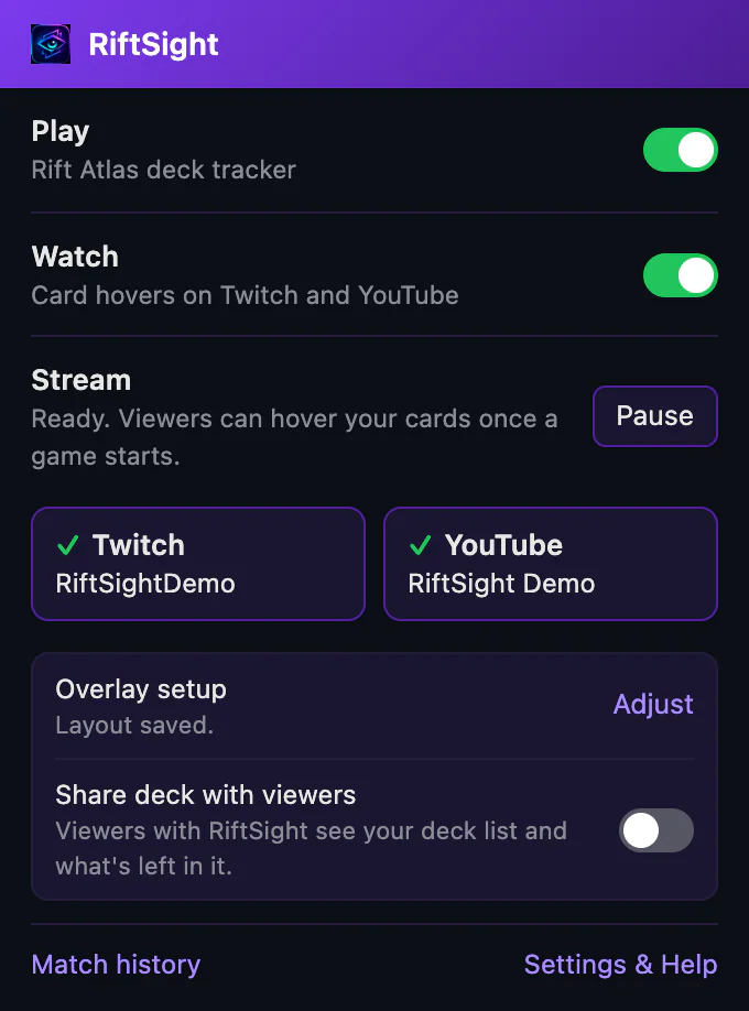 The RiftSight popup with both platforms linked: Ready. Viewers can hover your cards once a game starts, with Pause; the boxes read ✓ Twitch, RiftSightDemo, and ✓ YouTube, RiftSight Demo.