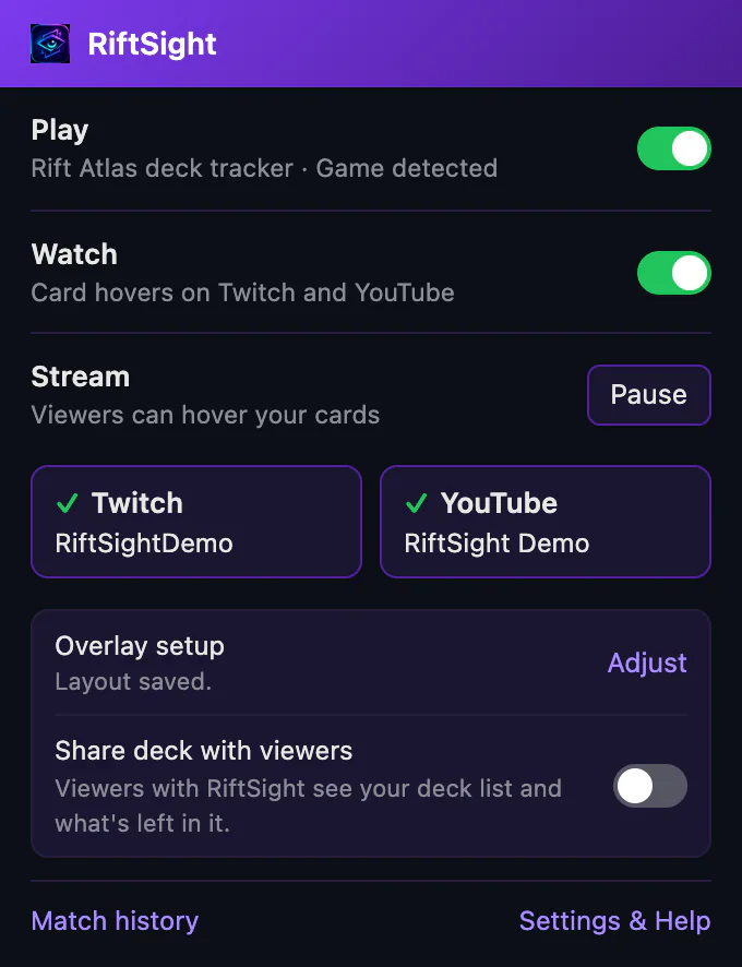The RiftSight popup with both platforms linked during a game: Stream reads Viewers can hover your cards, with Pause, above the ✓ Twitch and ✓ YouTube boxes.