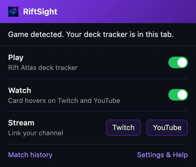 The RiftSight popup on the Rift Atlas tab: Game detected. Your deck tracker is in this tab., then Play with the deck tracker switched on, Watch, Stream, and Match history and Settings & Help at the foot.