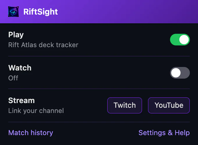 The RiftSight popup before linking: Play, Watch, then Stream reading Link your channel, with Twitch and YouTube buttons.
