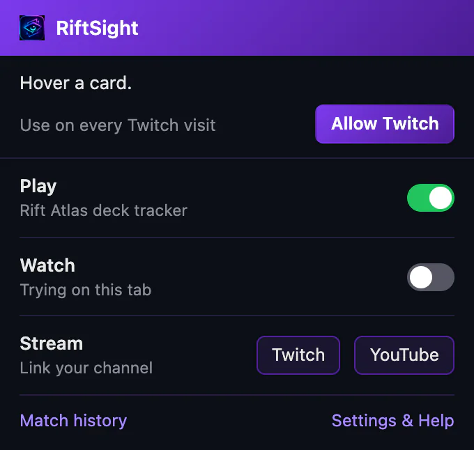 The RiftSight popup after Try on a stream that uses RiftSight: Hover a card., then Use on every Twitch visit with Allow Twitch, and the Watch row reading Trying on this tab.