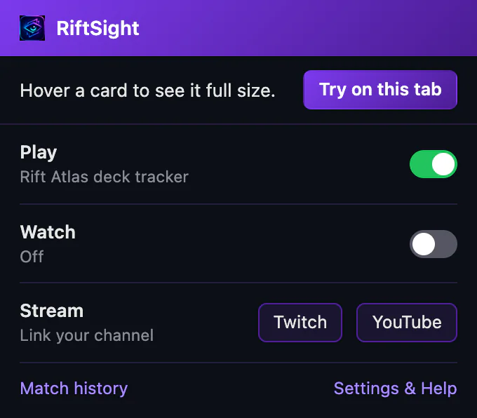 The RiftSight popup on a Twitch tab before Watch is turned on: Hover a card to see it full size, with Try on this tab, and the Watch row off.