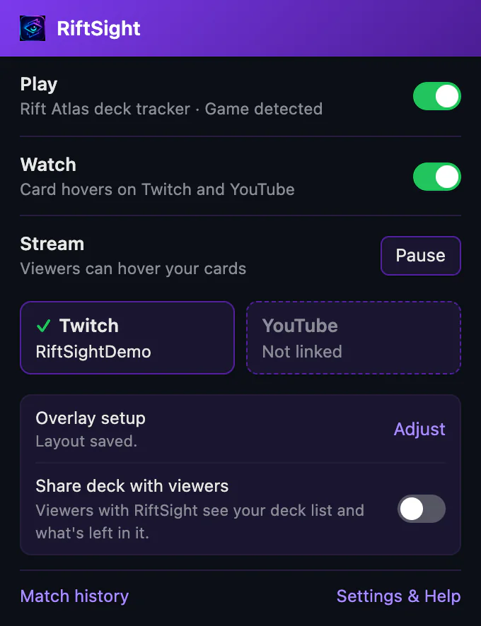 The RiftSight popup with Twitch linked during a game: Play reads Game detected, and Stream reads Viewers can hover your cards, with Pause.
