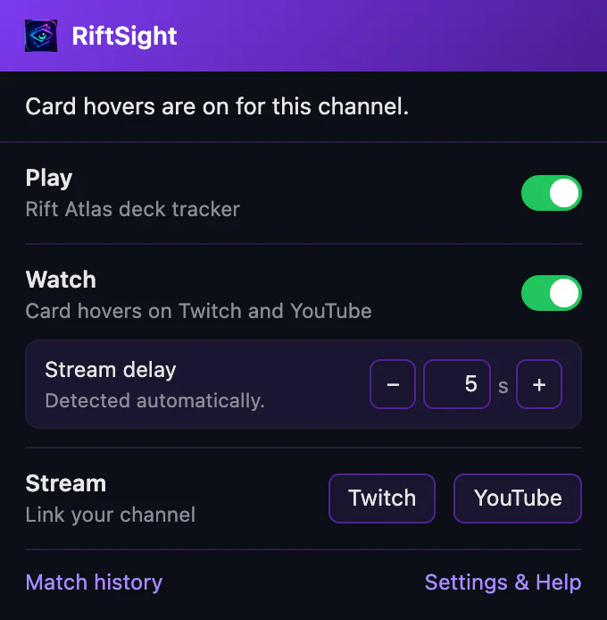 The RiftSight popup on a stream that uses RiftSight: Card hovers are on for this channel., then the Watch row with Stream delay, 5 s, Detected automatically, between − and + buttons.