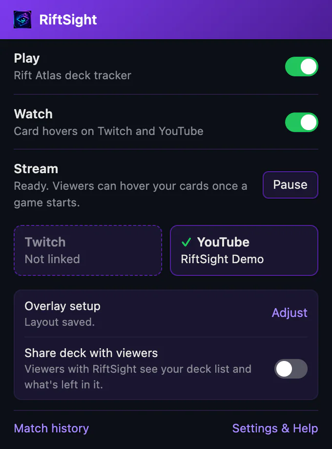 The RiftSight popup with a YouTube channel linked: Ready. Viewers can hover your cards once a game starts, with Pause; the boxes read Twitch, Not linked, and ✓ YouTube, RiftSight Demo; Share deck with viewers is off.