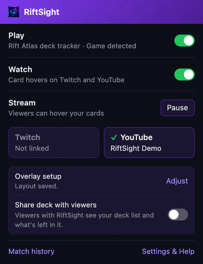 The RiftSight popup with YouTube linked during a game: Play reads Game detected, and Stream reads Viewers can hover your cards, with Pause.