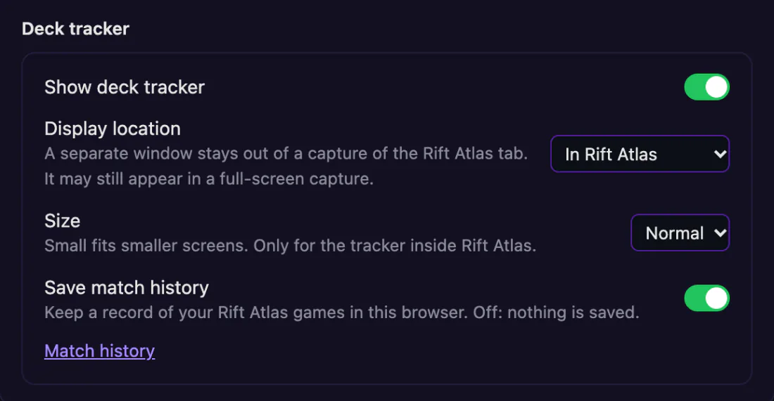 The Deck tracker section under the Play card's More settings in RiftSight Settings & Help: Show deck tracker, Display location, Size and Save match history.