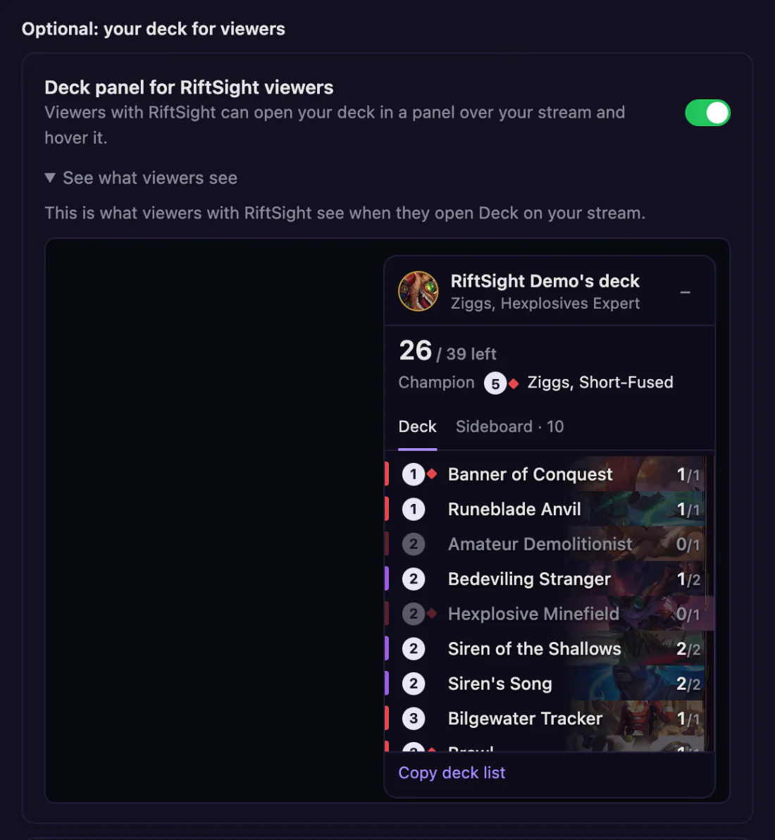 Optional: your deck for viewers in RiftSight Settings & Help: Deck panel for RiftSight viewers switched on, and See what viewers see open on the Deck panel viewers get, 26 of 39 left, with the champion and each row's copies left.