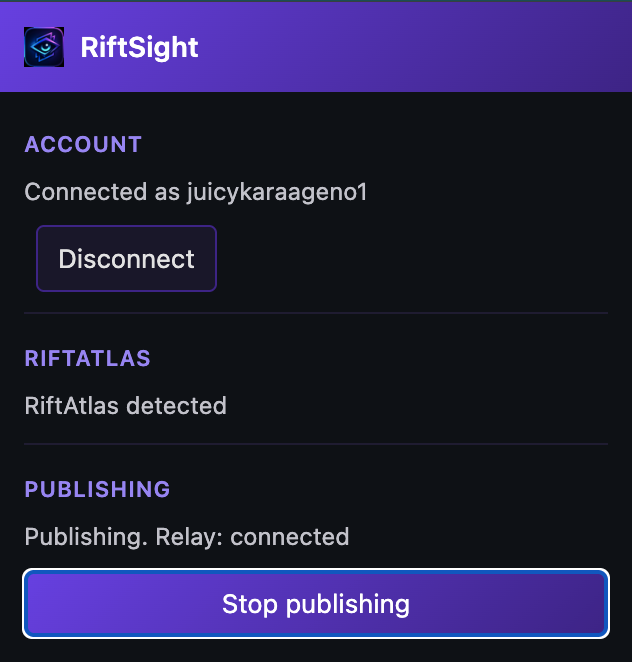 The RiftSight panel with Rift Atlas detected and the Start publishing action