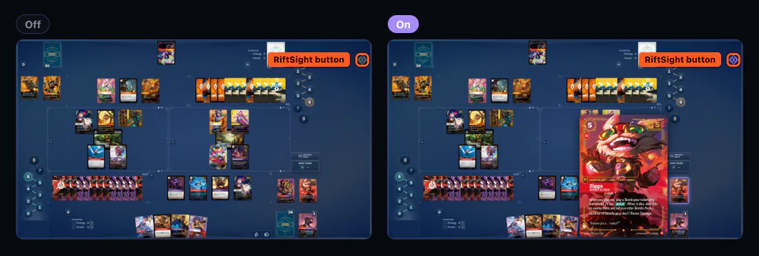 The same Rift Atlas video twice, the RiftSight button ringed at the top right of the player: Off, the button grey; On, the button violet and a hovered card, Ziggs, Short-Fused, shown full size.