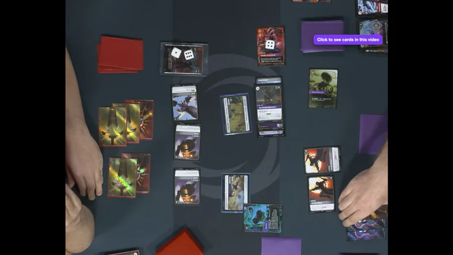 The top right of a physical-play video: the RiftSight button with the hint Click to see cards in this video below it.